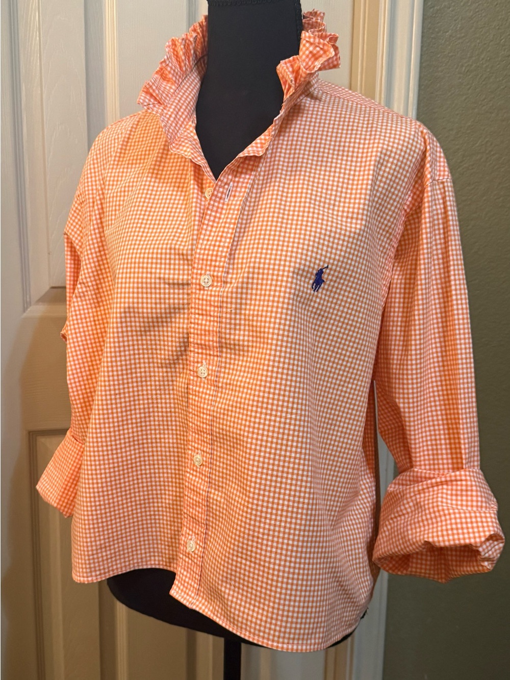Upcycled Men’s Ralph Lauren Orange Gingham Ruffle-Collar Button Shirt - Picture 2 of 8